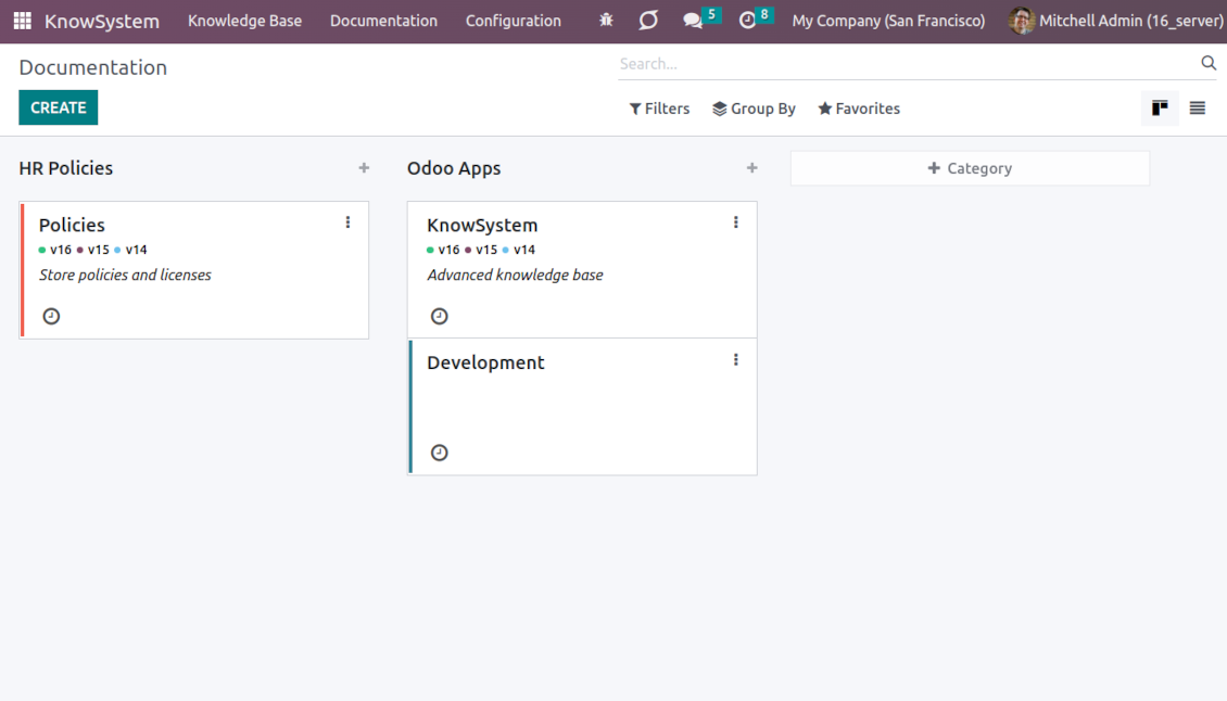 Backend view of Odoo knowledge documentation