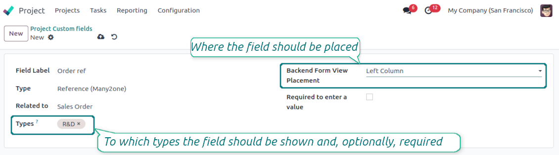 Custom fields depend on project types