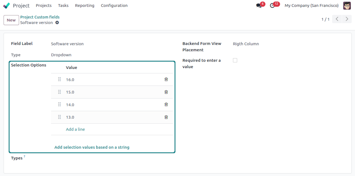 Selection fields for projects
