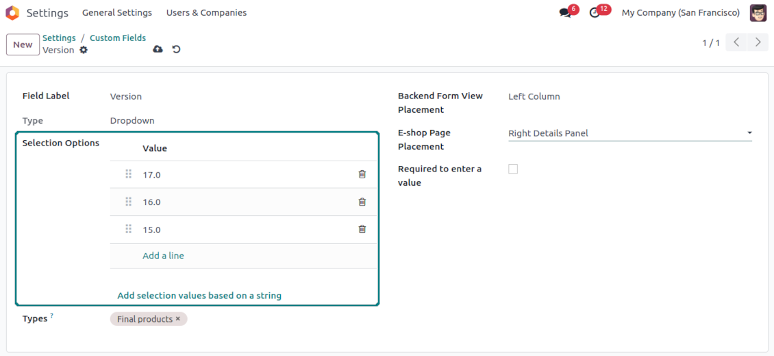 Selection fields for product templates