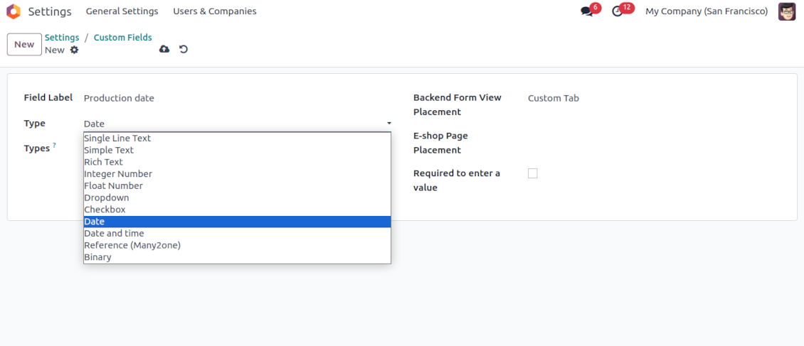 Field types for custom products