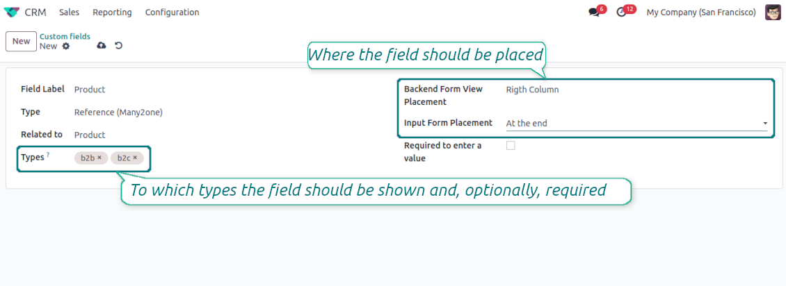 Custom fields depend on CRM lead types
