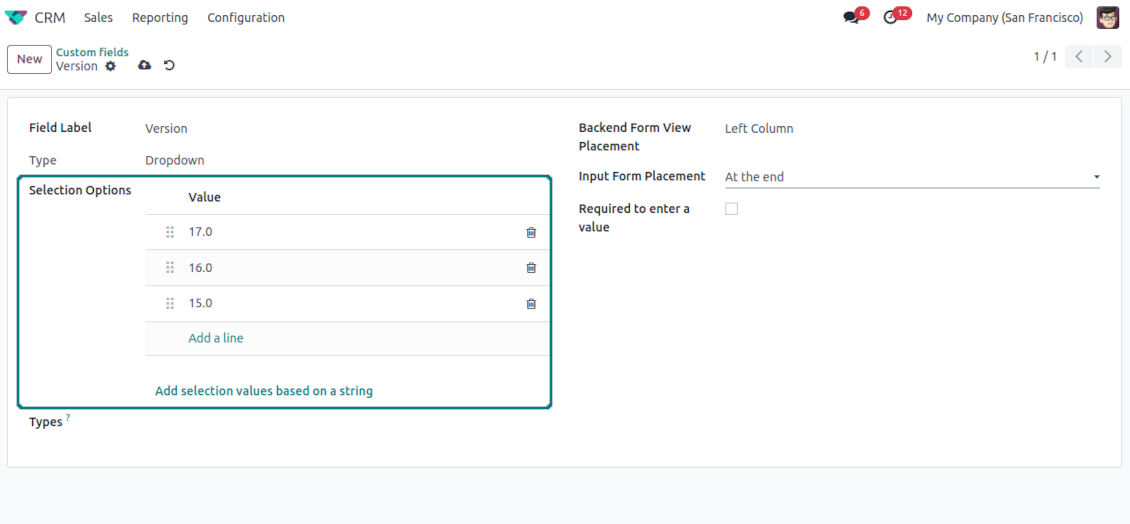 Selection fields for CRM opportunities and leads