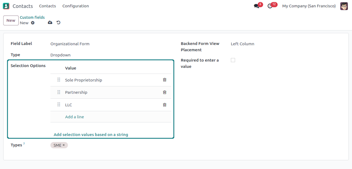Selection fields for Odoo contacts