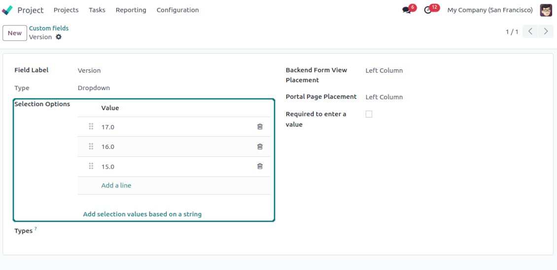 Selection fields for tasks