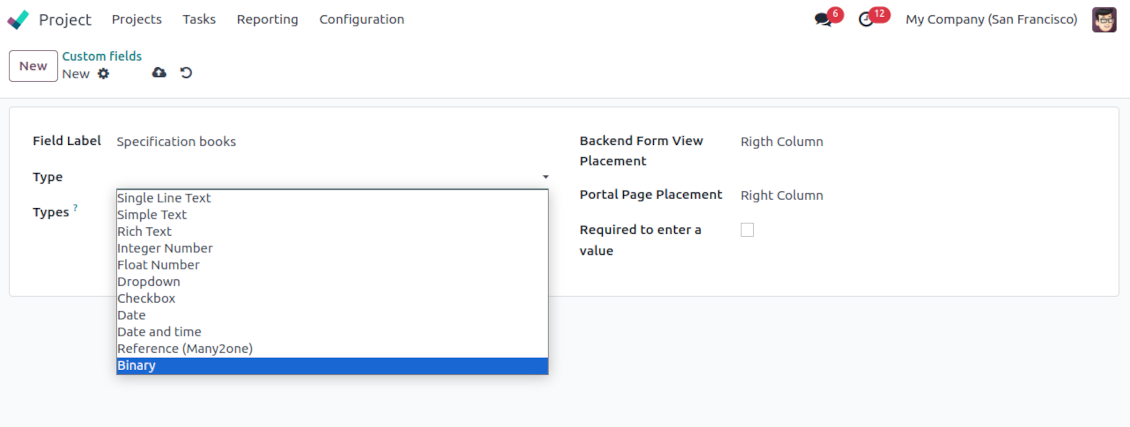 Field types for Odoo tasks
