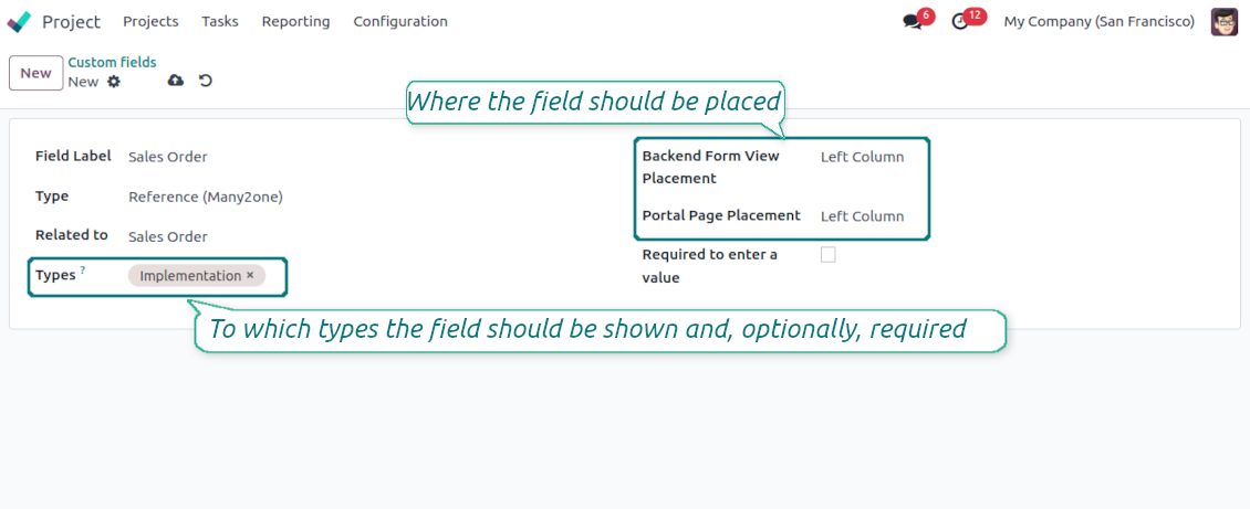Custom fields depend on the Odoo task type