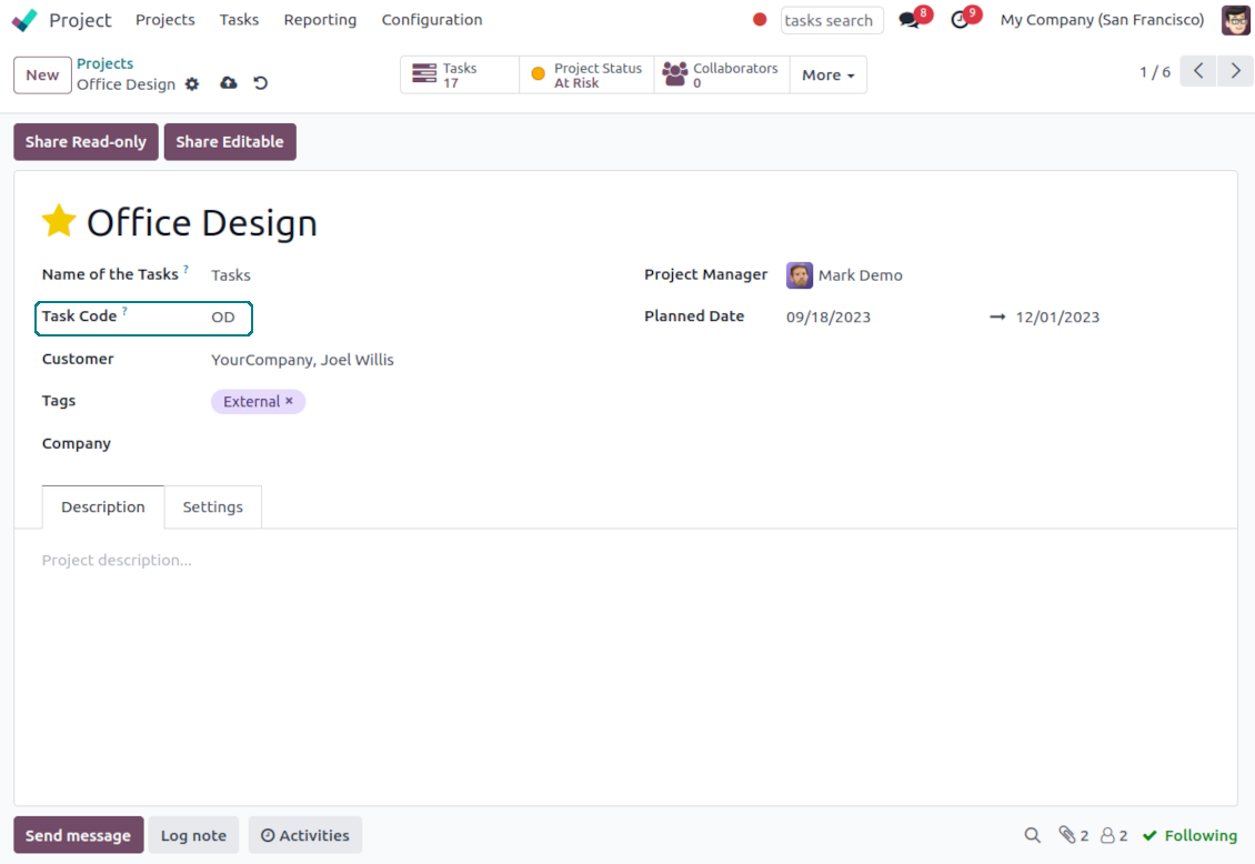 Project code in tasks' sequence