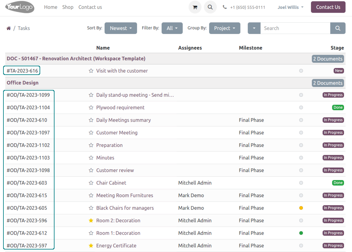 Portal list of tasks: numbering