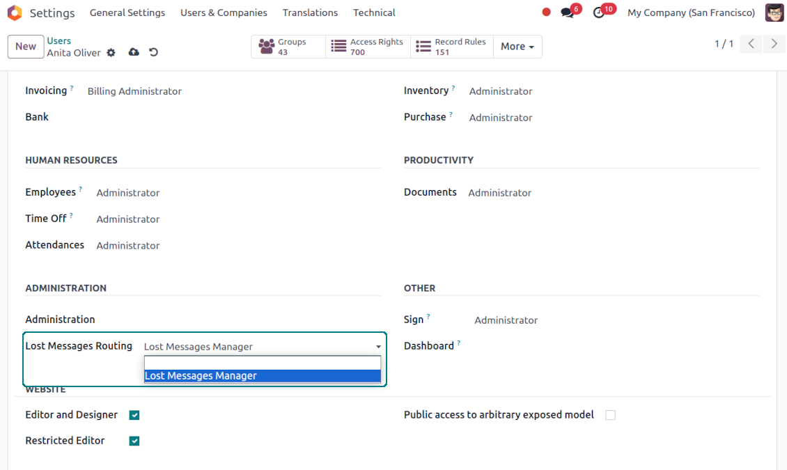Odoo lost messages admin