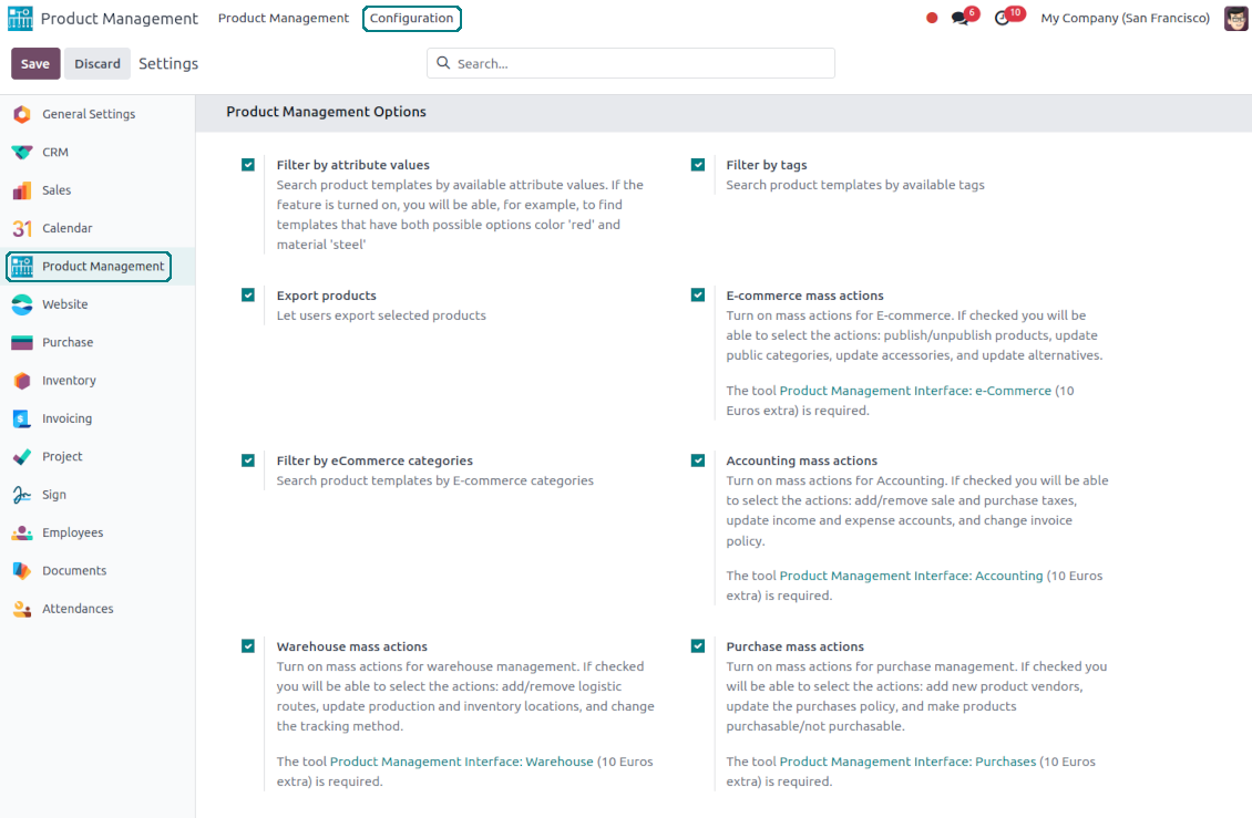 Product management optional features