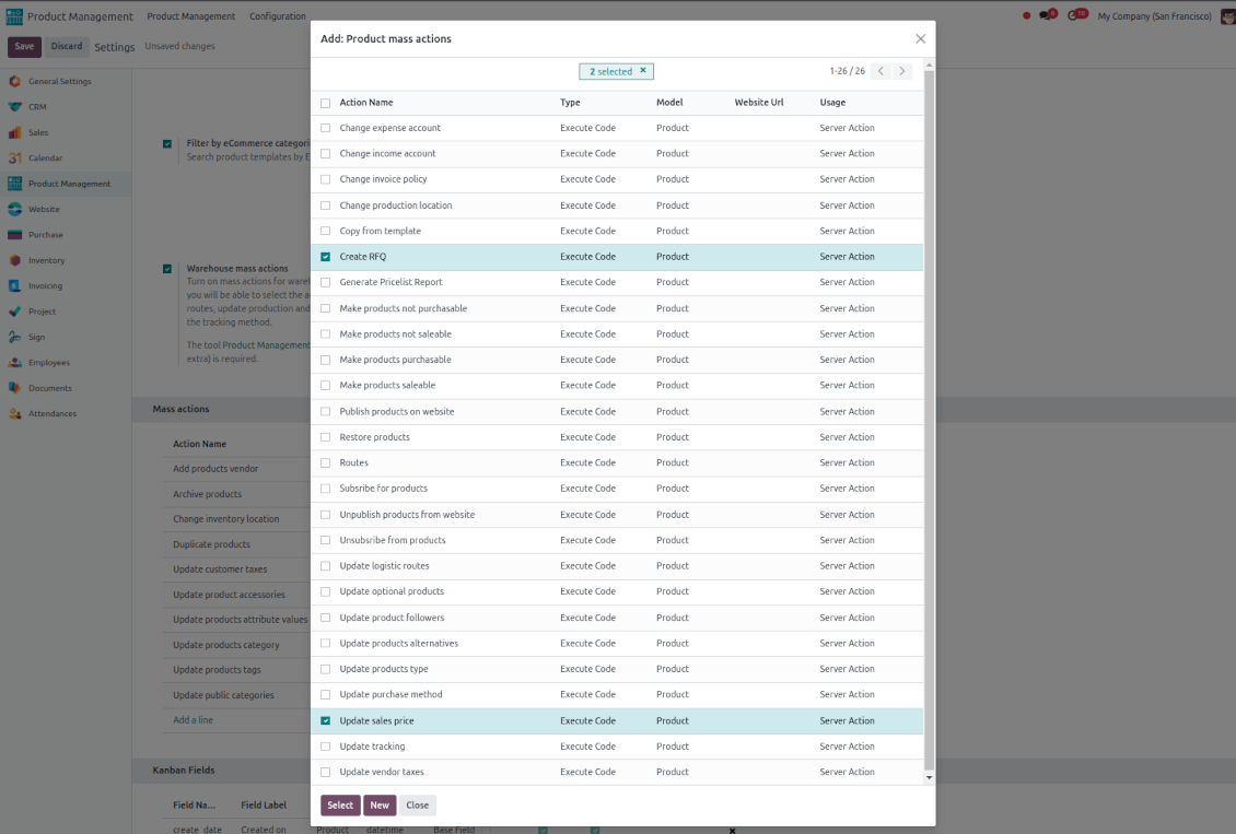List of actions for product management