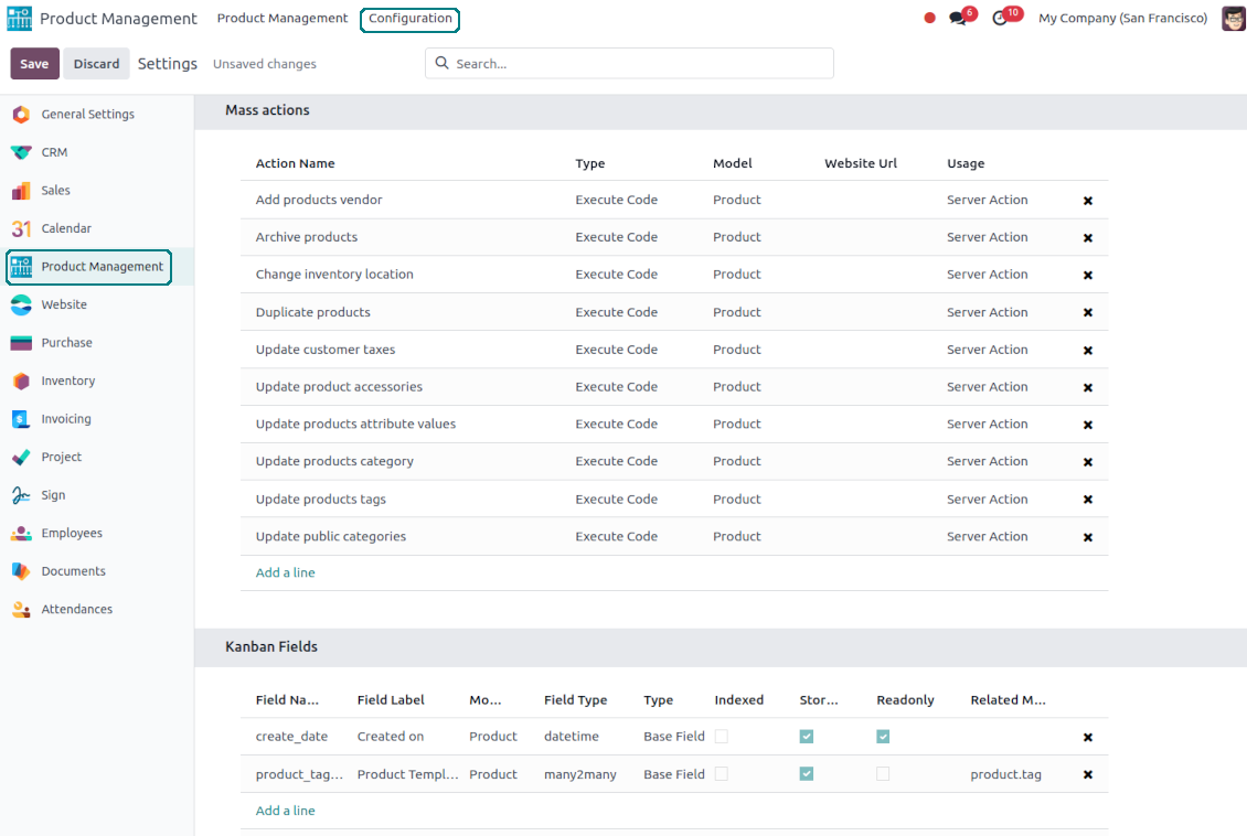 Set up mass actions and fields for product templates