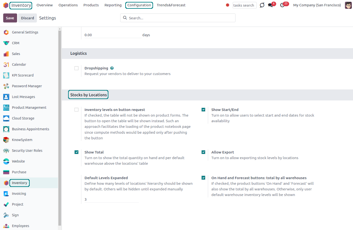 Setting up Odoo stocks by location