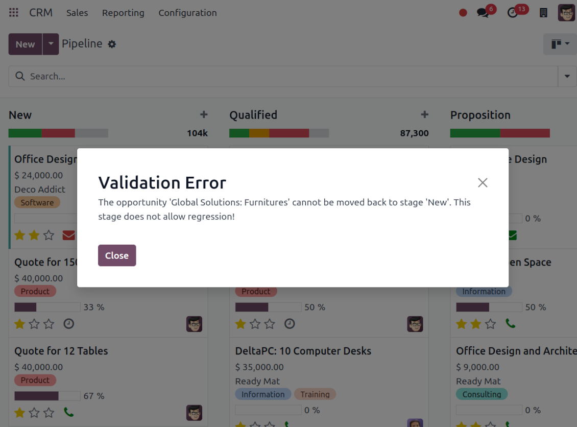 CRM warning: moving back is restricted