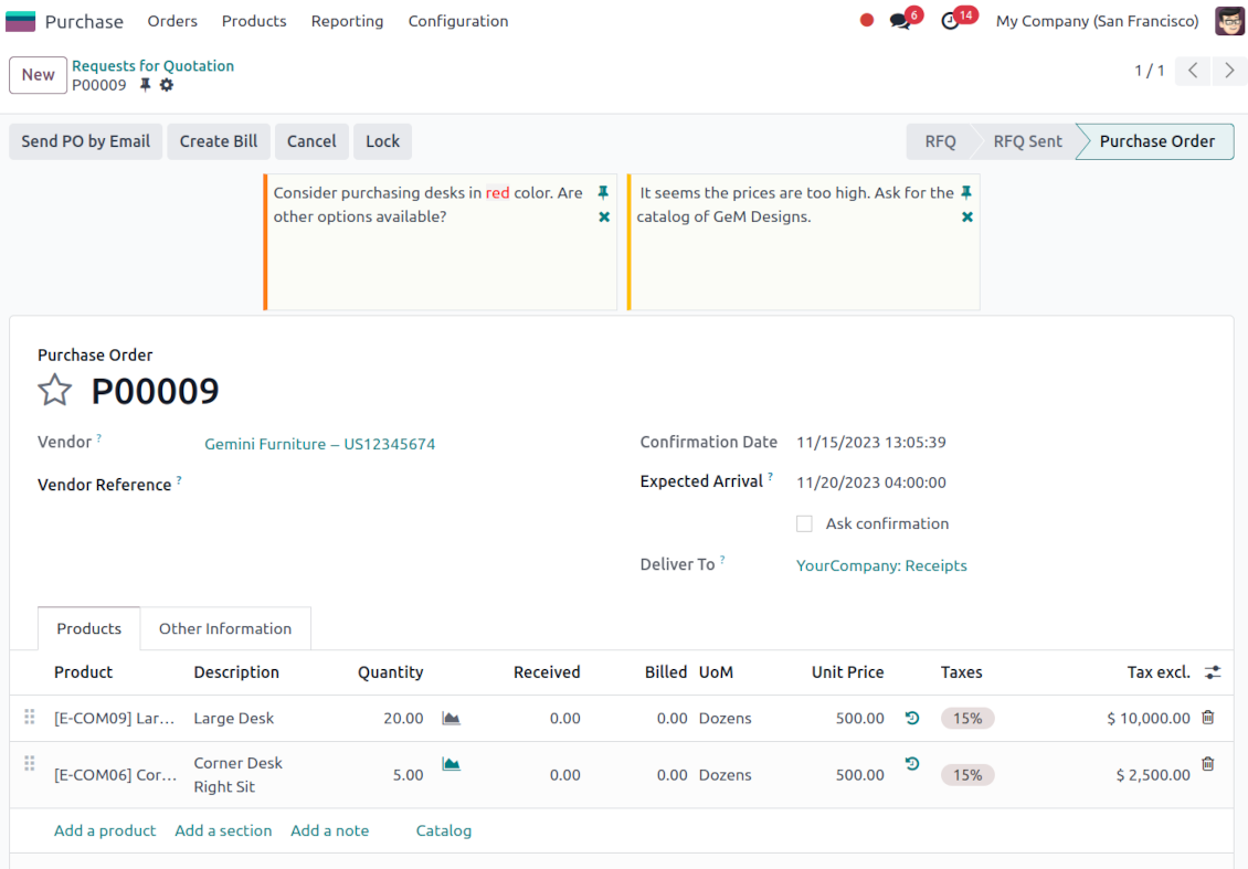 Odoo purchase order sticky notes