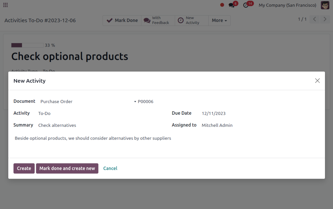 Odoo activities: create right from the to-do interface