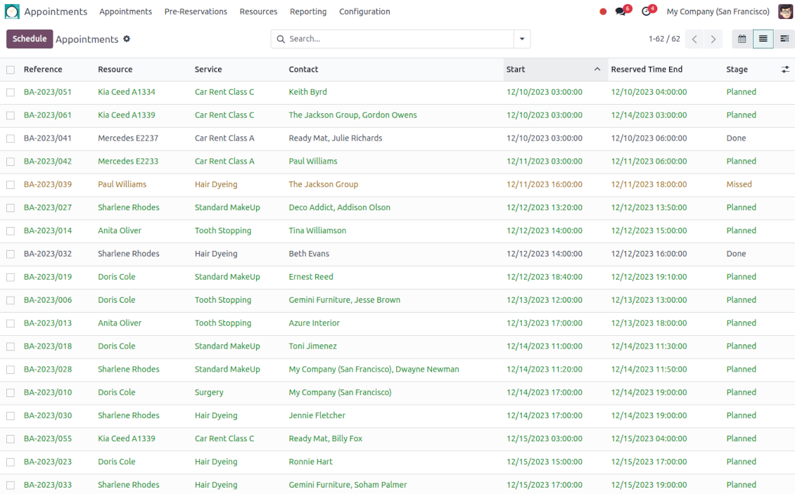 Bookings: Odoo list view