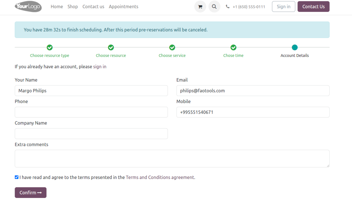 Odoo reservation contact details