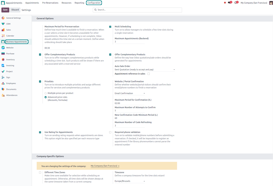 Configuration page: main options