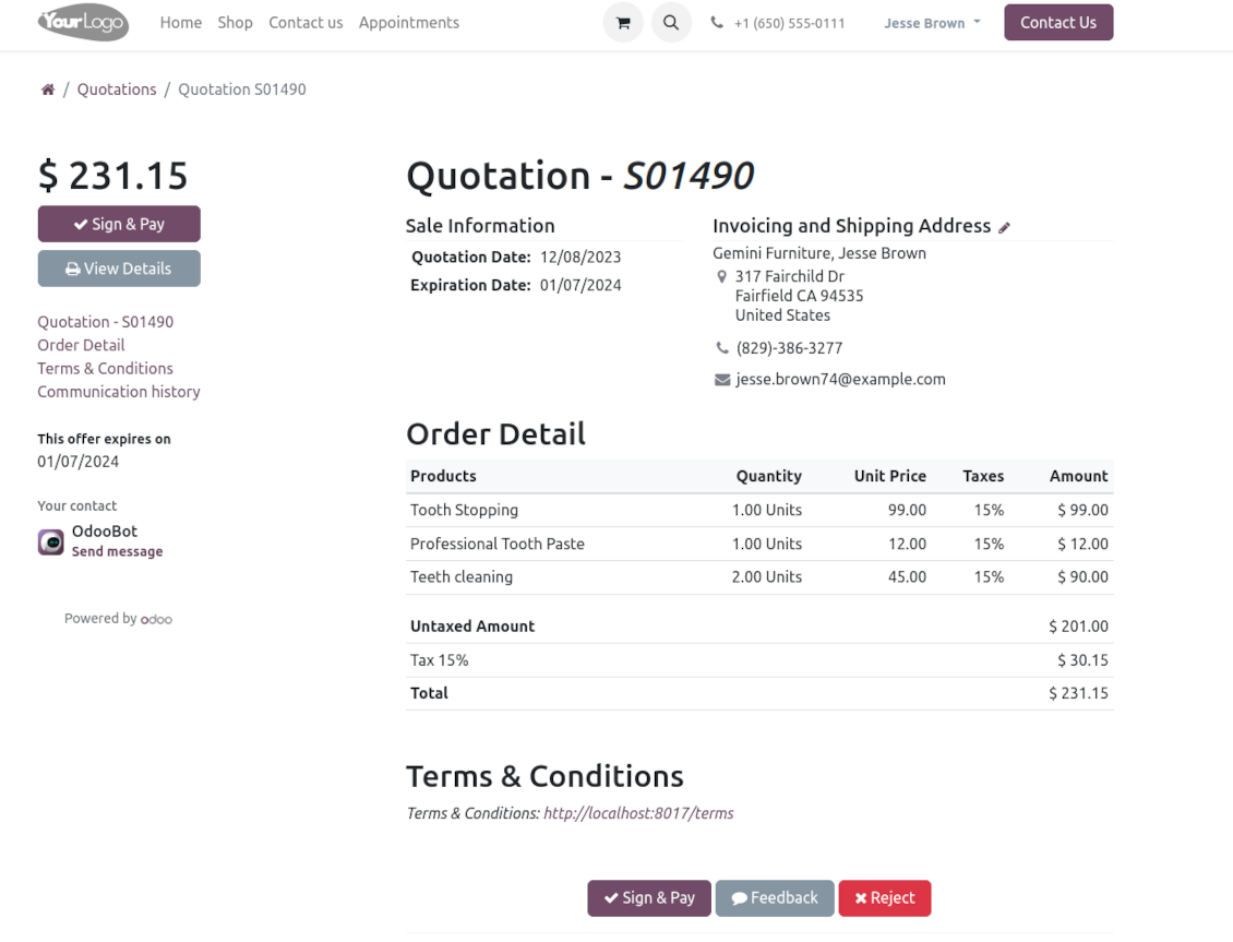 Service sales order in Odoo's portal