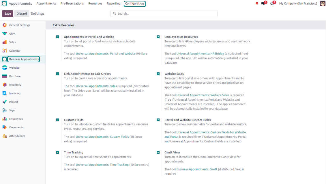 Configuration page: Odoo extra add-ons