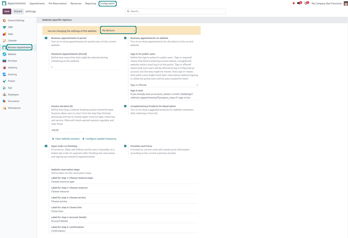 The configuration page: Odoo website-specific options (part 1)