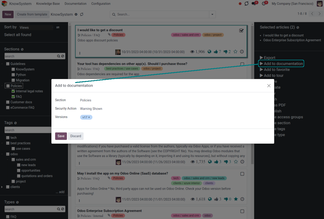 KnowSystem articles: mass adding to documentation