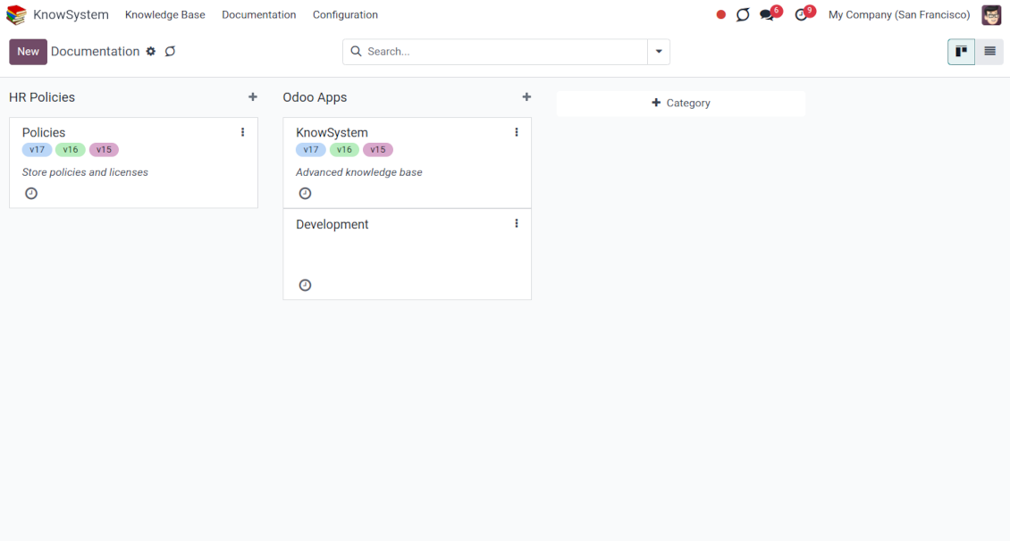 Backend view of Odoo knowledge documentation
