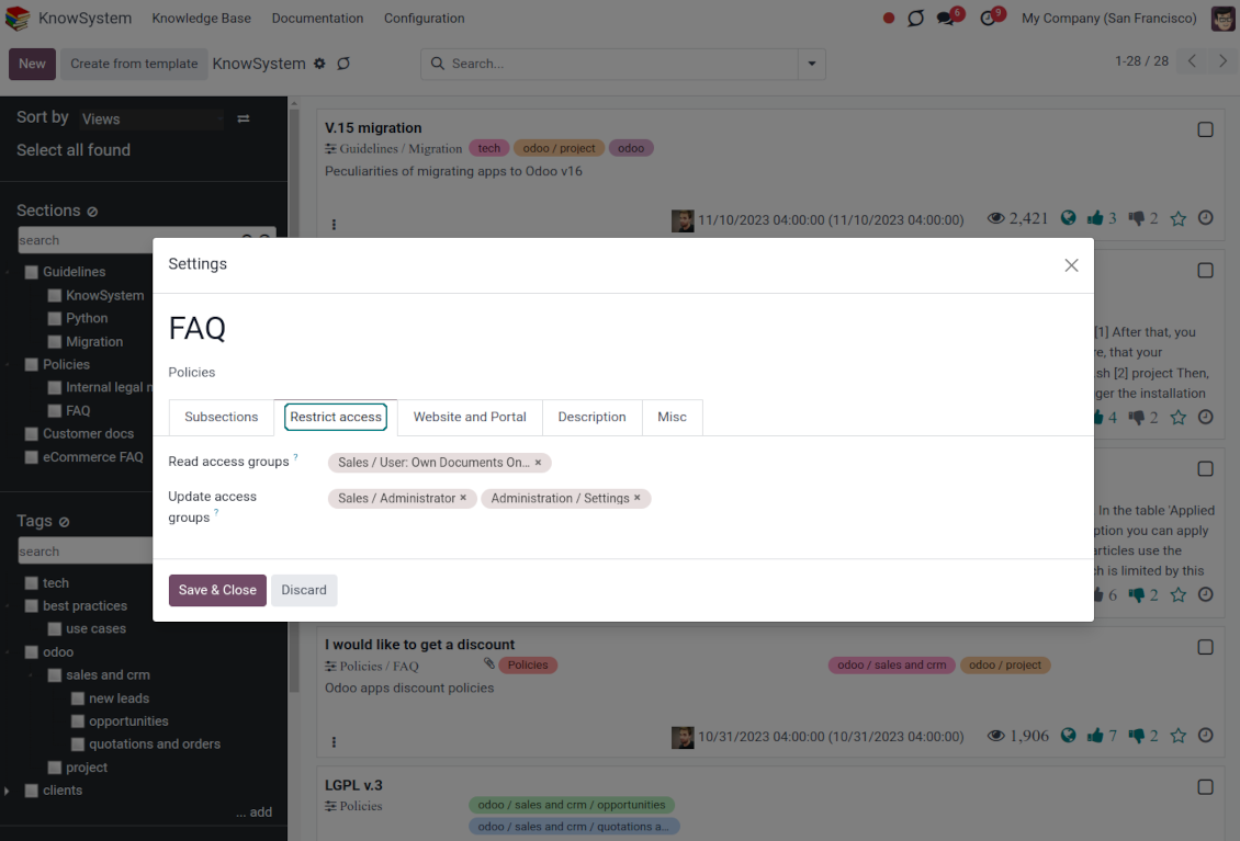 Odoo knowledge base system: sections