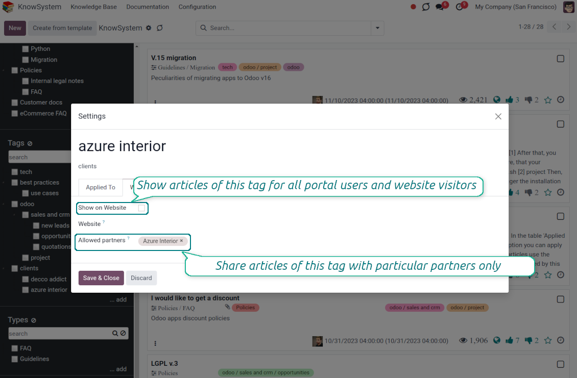 Odoo KnowSystem tags and portal access