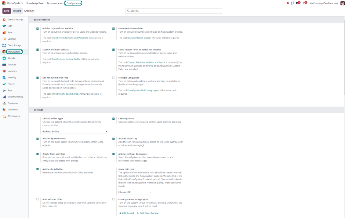 Odoo knowledge base settings