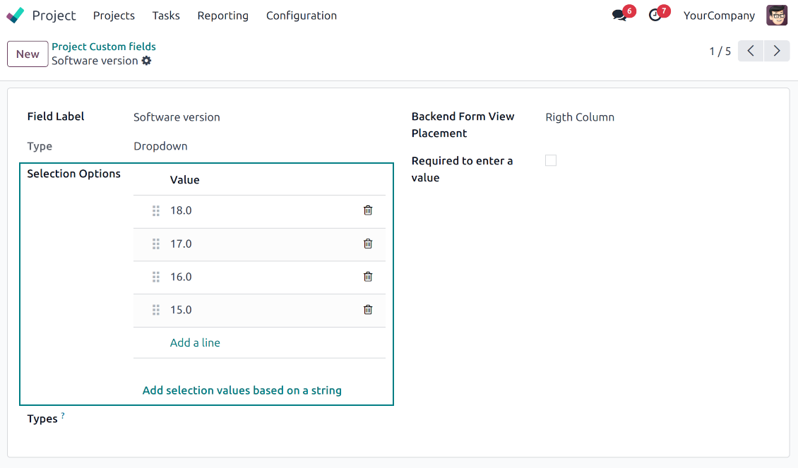 Selection fields for projects