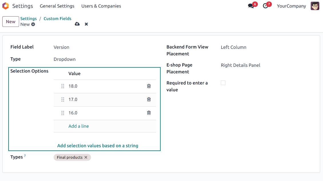 Selection fields for product templates