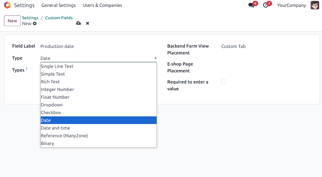 Field types for custom products