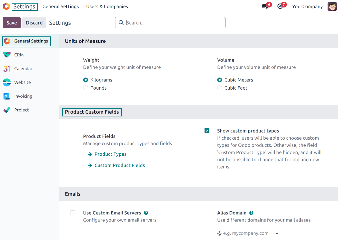The configuration page for custom fields of products