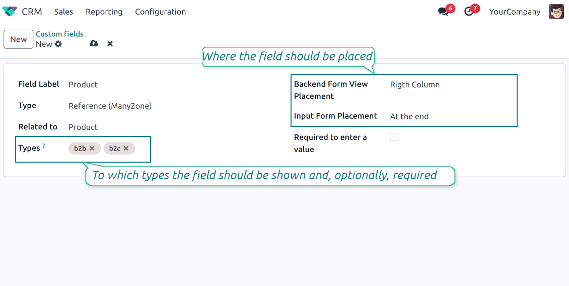 Custom fields depend on CRM lead types