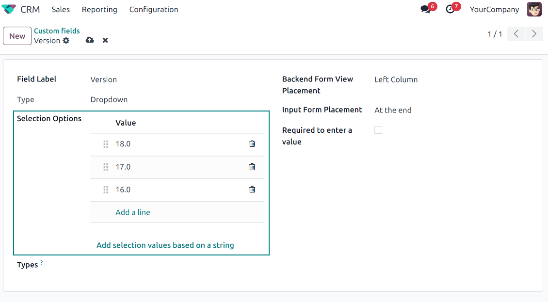 Selection fields for CRM opportunities and leads