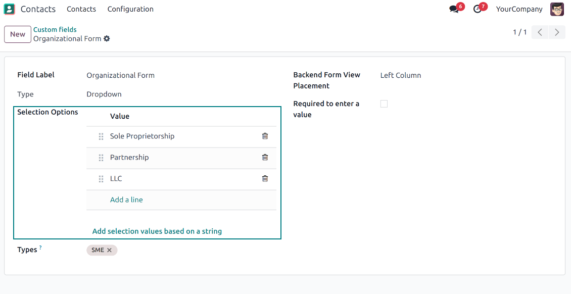 Selection fields for Odoo contacts