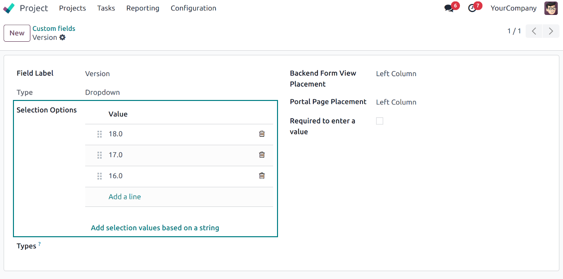 Selection fields for tasks
