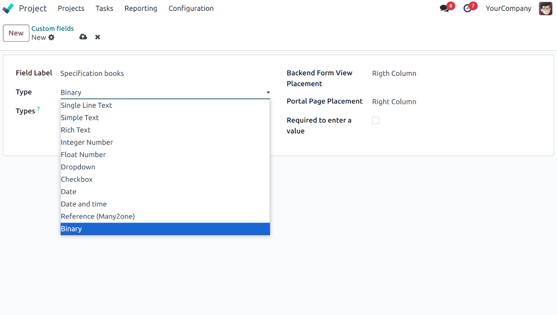 Field types for Odoo tasks