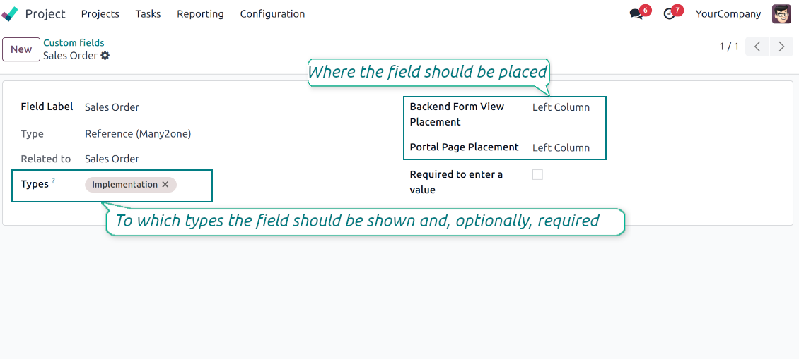 Custom fields depend on the Odoo task type