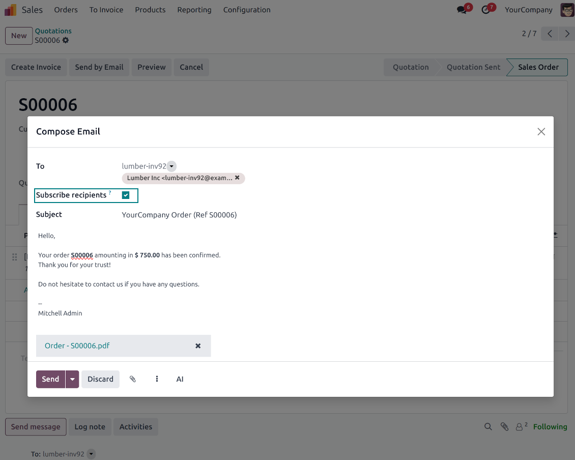 No auto subscriptions for sale orders, invoices, requests for quotations, etc.
