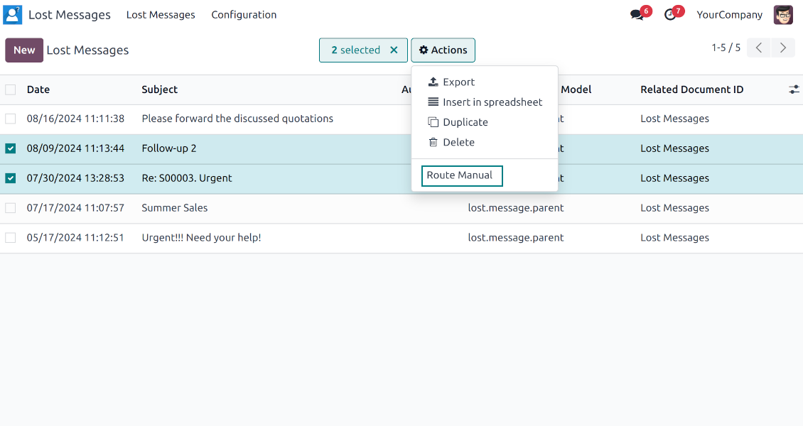 Odoo unattached messages tree and menu