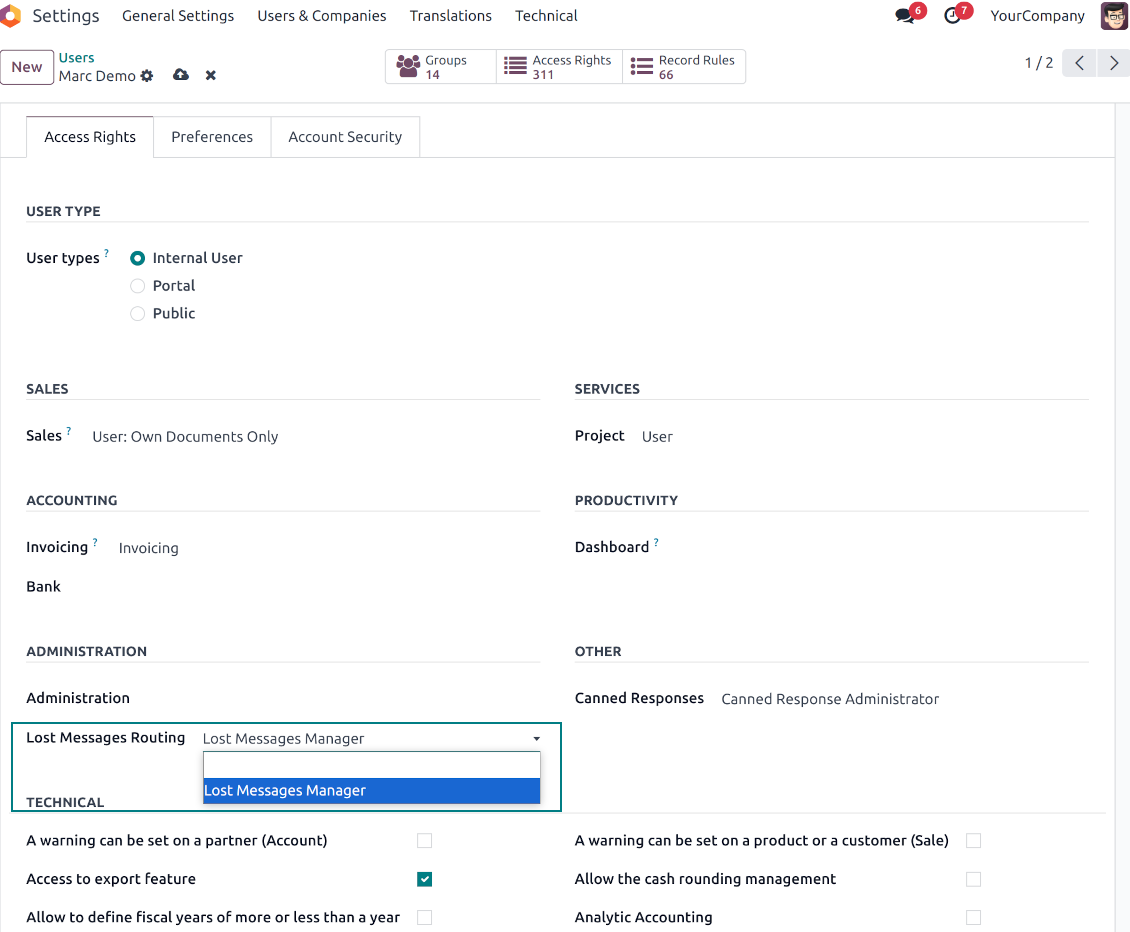 Odoo lost messages admin
