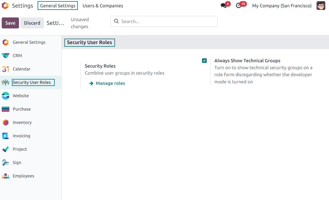 Configuration page for the user roles