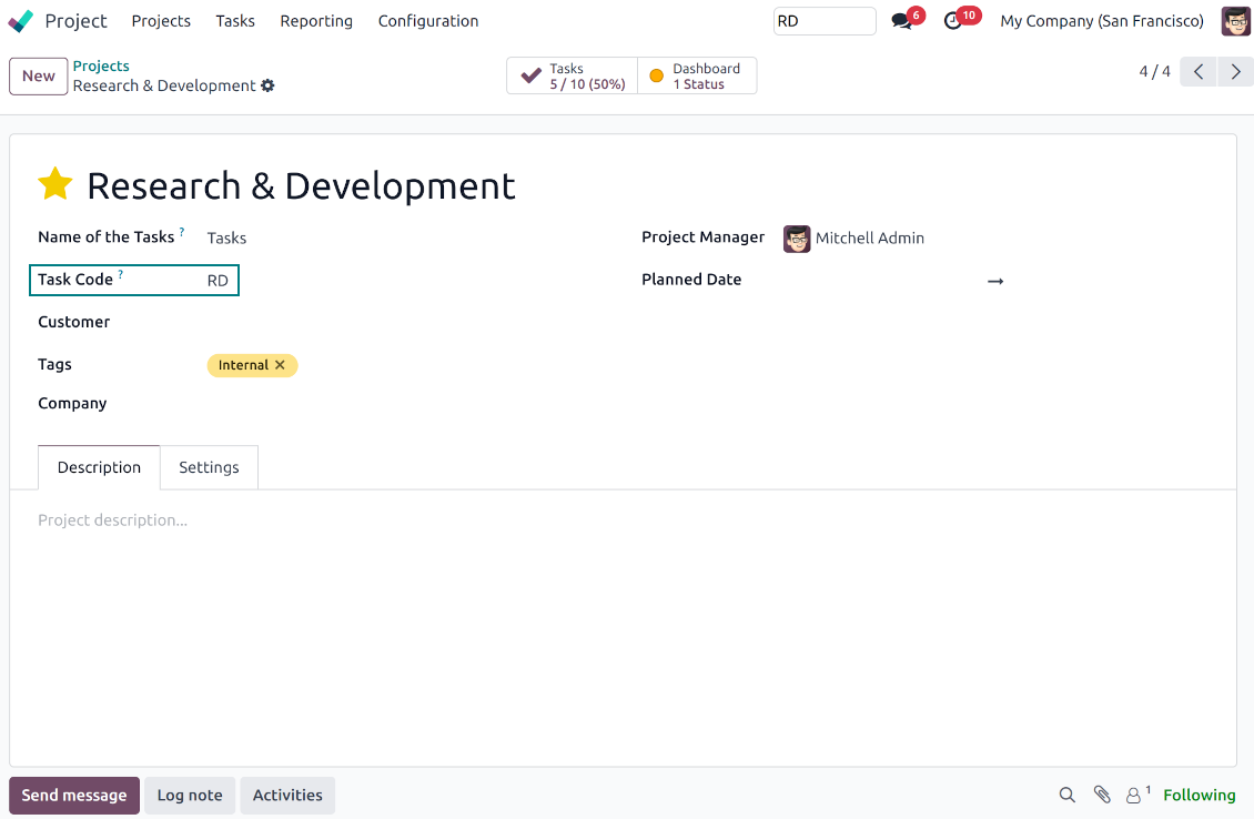 Project code in tasks' sequence