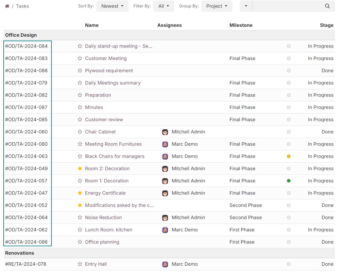 Portal list of tasks: numbering