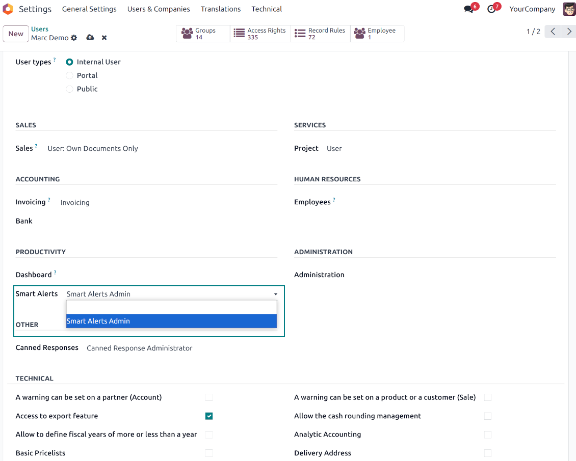 Odoo alarms: the security group