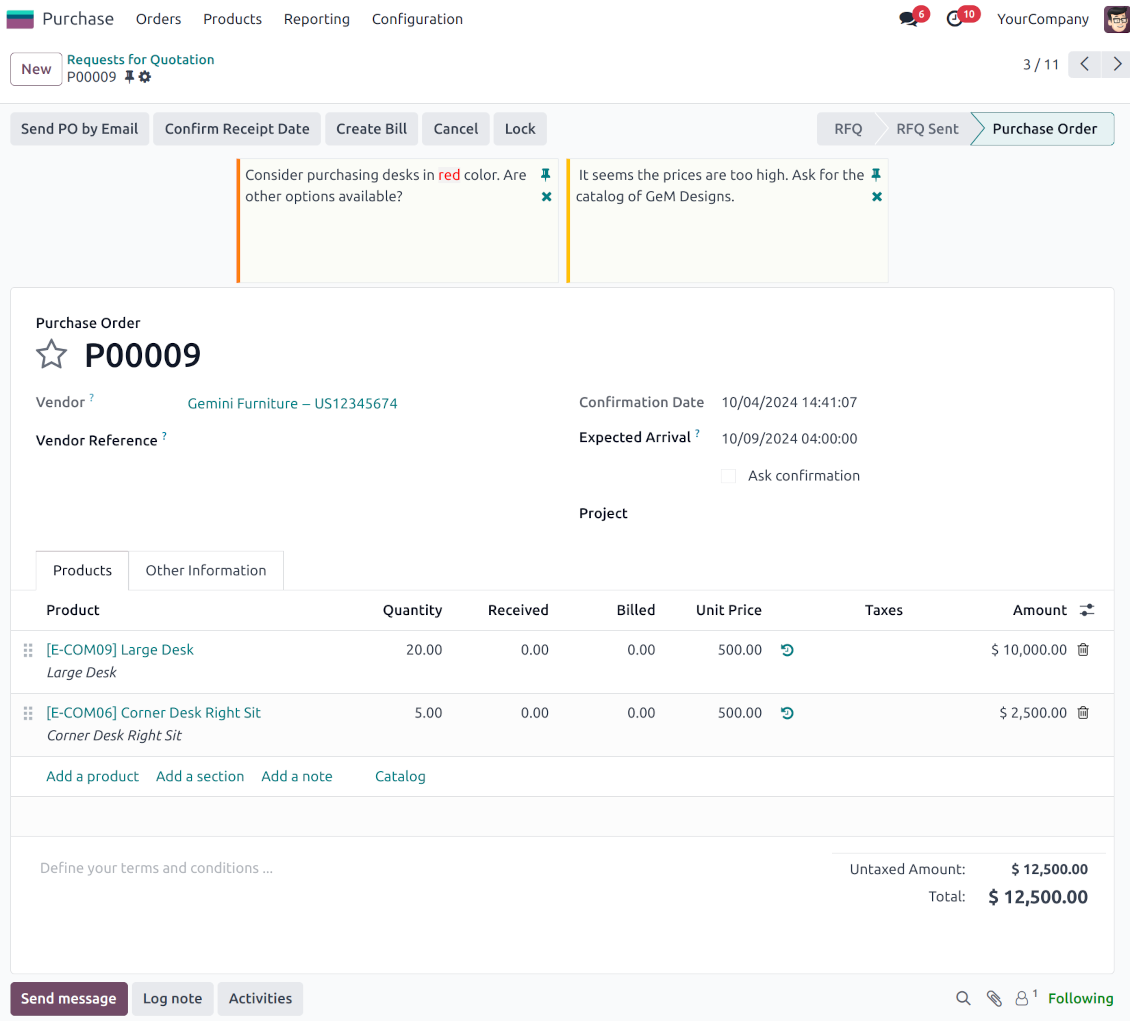 Odoo purchase order sticky notes
